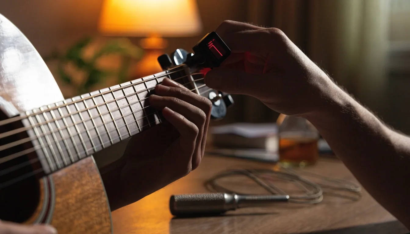 A tuner, capo, and spare strings laid out on a desk beside an acoustic guitar with a warm desk lamp