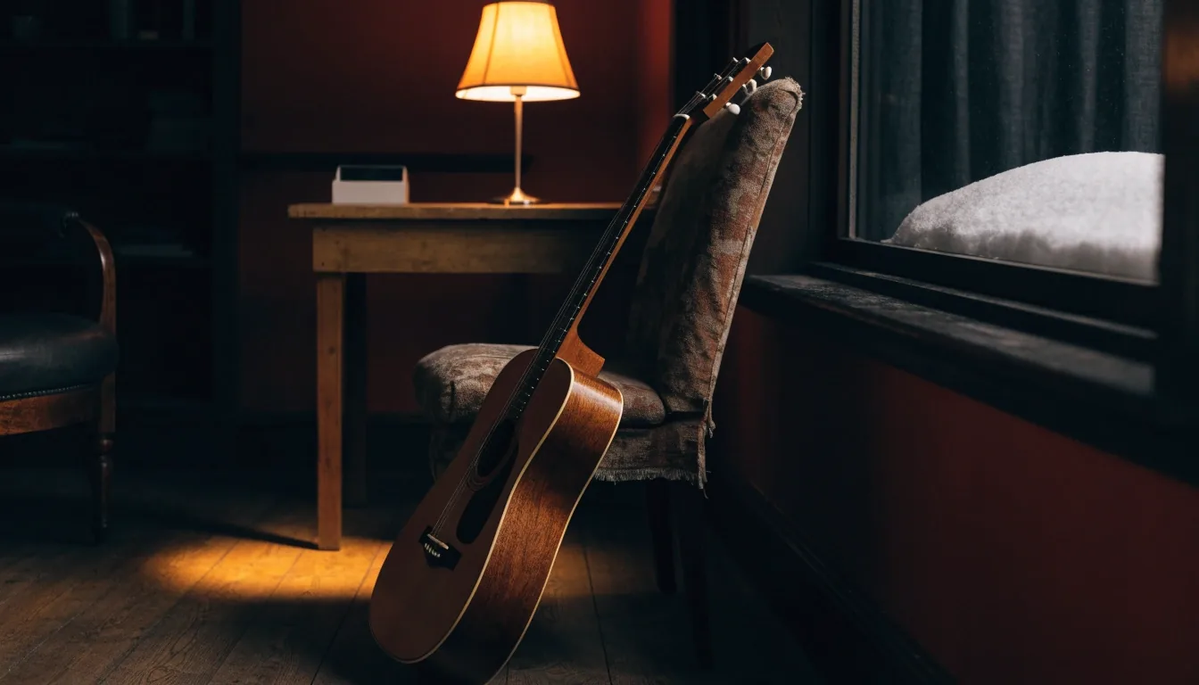 A guitar on a stand in a night-lit teaching room, warm lamp pooling on the desk