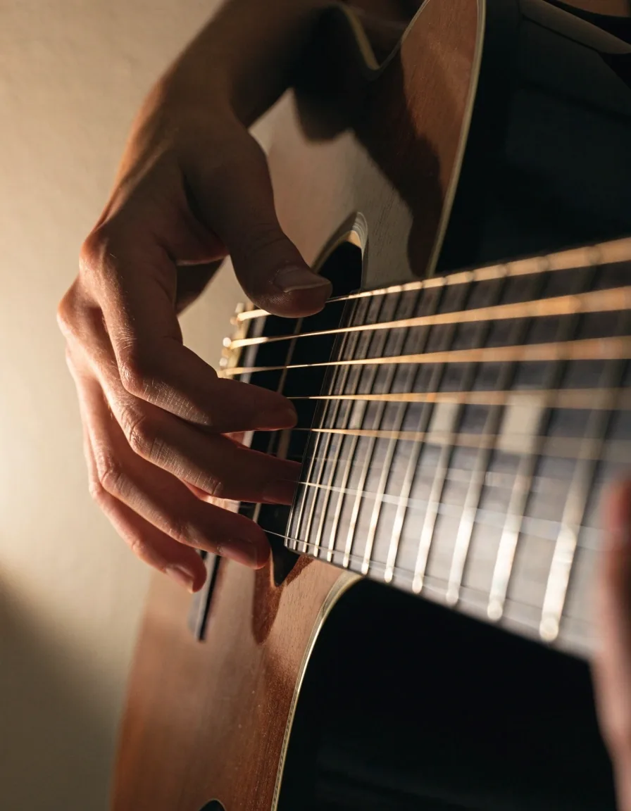 A beginner's fingers holding two open chords on an acoustic guitar neck under warm lamp light