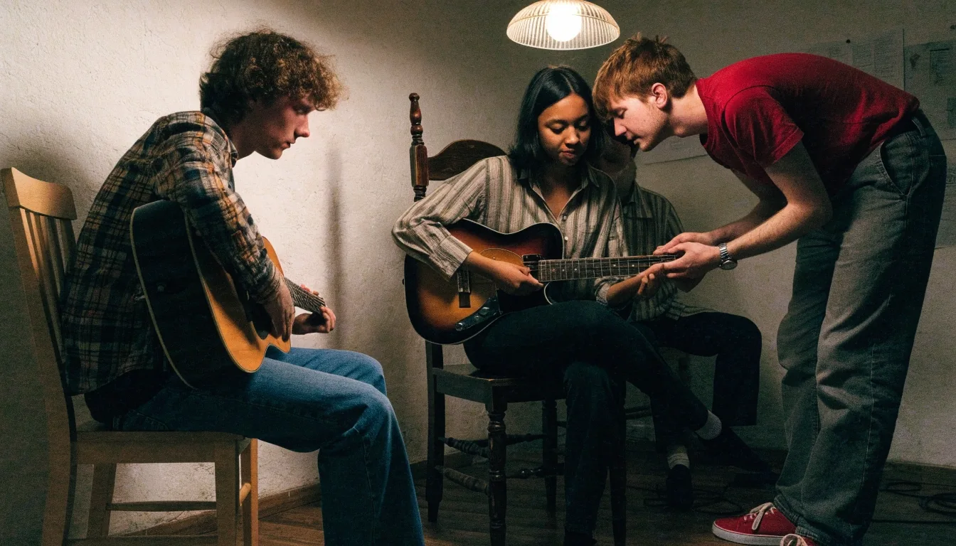 Three friends playing guitars together on wooden chairs in a plaster-walled practice room